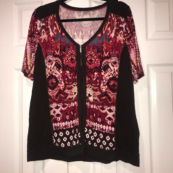 Bonita Bronw Pink Patterned ZIPUp Top Blouse - Picture 2 of 5